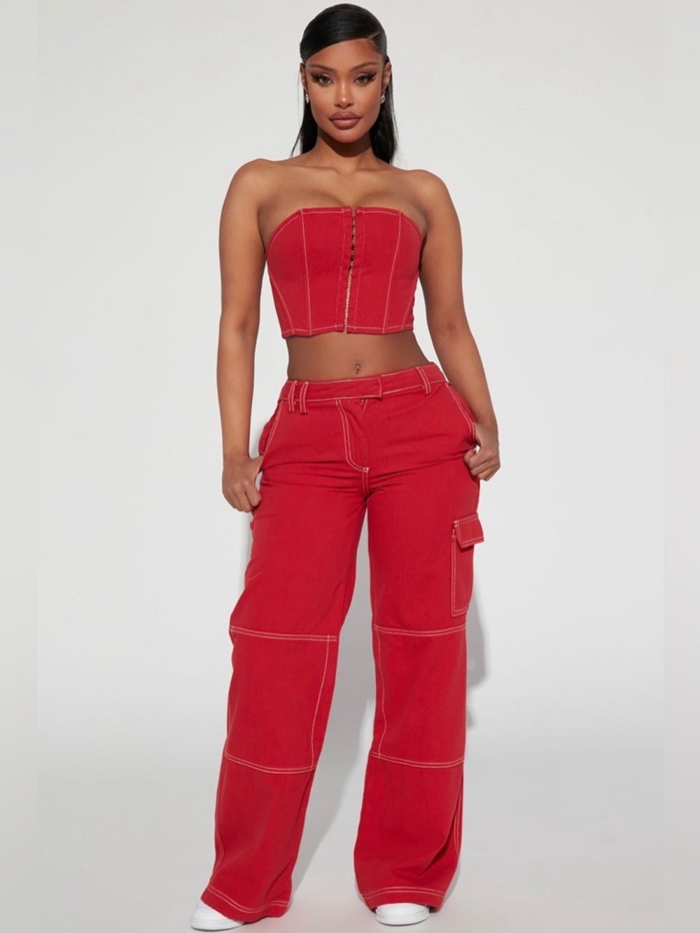 Fashion Nova Red Strapless Corset Top & Cargo Pants Set